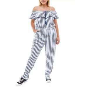 Navy Stripe Ruffle Off-Shoulder Jumpsuit in plus size 2X